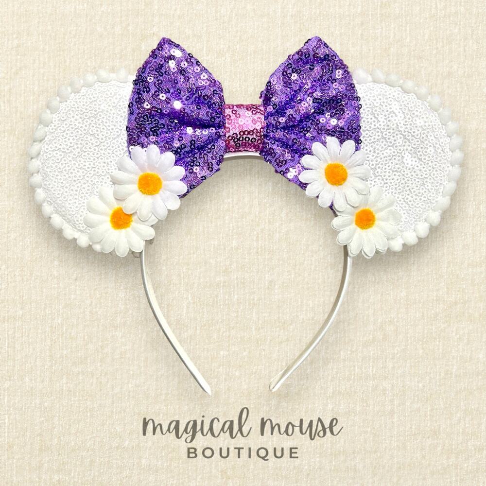White & Purple Sequin Daisy Garden Minnie Ears | Disney-Inspired Mouse Ears